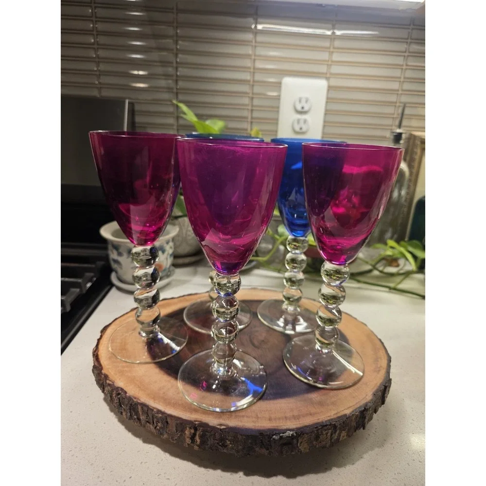 VTG Handblown Bubble Stem Goblets (Set of 5) – 8 oz Glasses Pink/Cobalt Blue